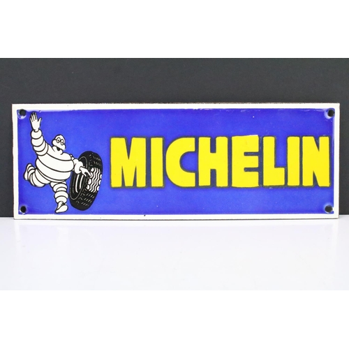 109 - Michelin Man Enamel Sign with Mr Bidendum running with a tyre, 30.5cm x 11cm