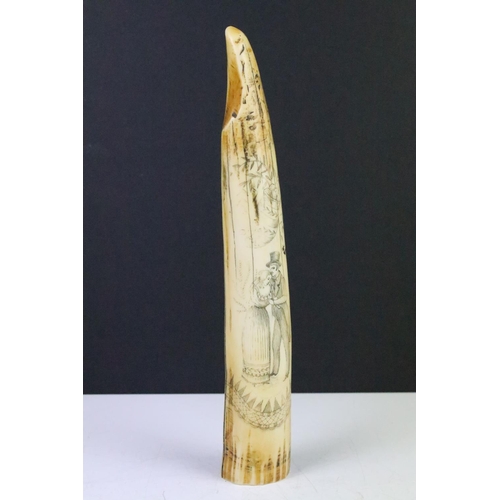 116 - Reproduction 19th century style Walrus Tusk Scrimshaw inscribed ‘ The Samantha ‘, 29.5cm long