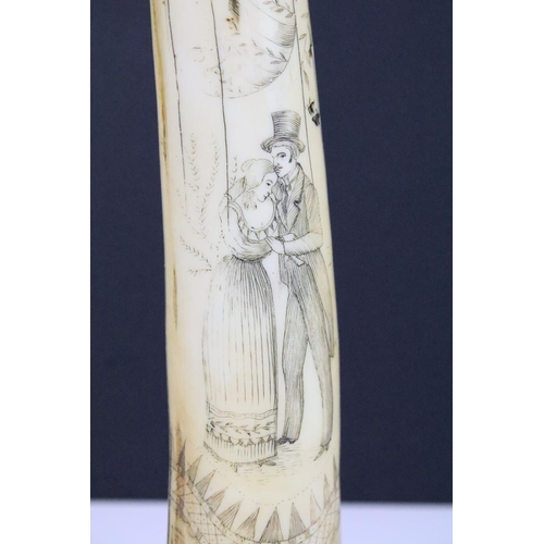 116 - Reproduction 19th century style Walrus Tusk Scrimshaw inscribed ‘ The Samantha ‘, 29.5cm long