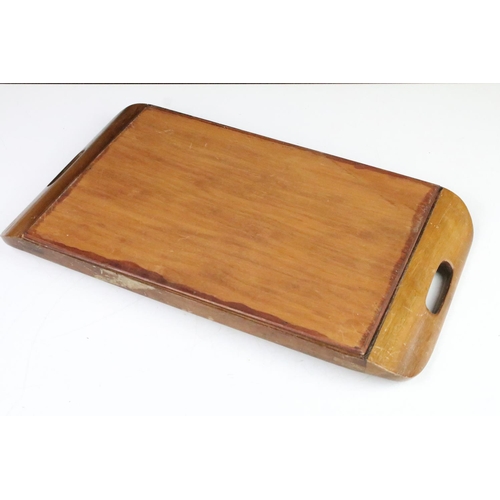 119 - Small wooden inlaid tray inset with butterfly wings, 42cm long