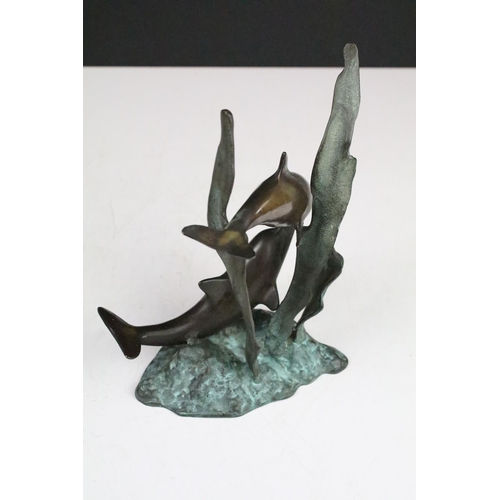 122 - Patinated Bronze Sculpture of Two Dolphins amongst sea grasses, 20cm high