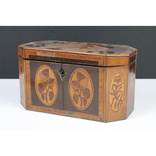 138 - 19th Century tea caddy of octagonal form with inlaid panel decoration depicting flowers, fruit, urns... 