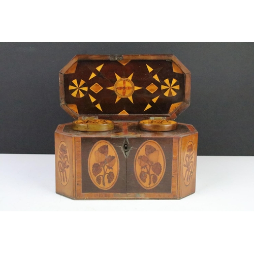 138 - 19th Century tea caddy of octagonal form with inlaid panel decoration depicting flowers, fruit, urns... 