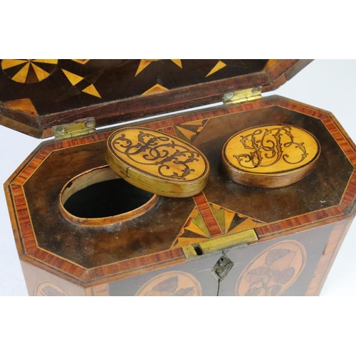 138 - 19th Century tea caddy of octagonal form with inlaid panel decoration depicting flowers, fruit, urns... 