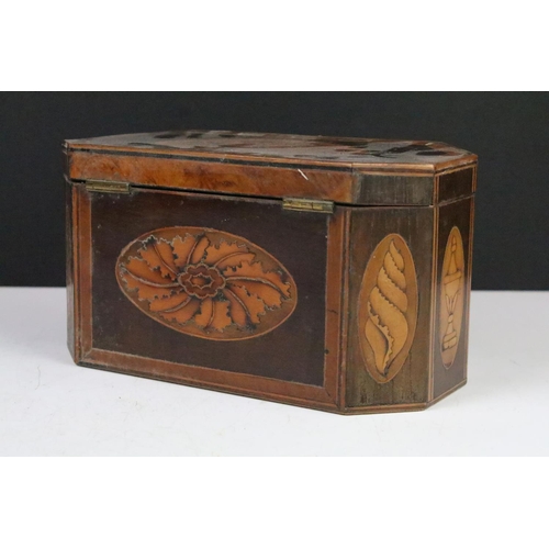 138 - 19th Century tea caddy of octagonal form with inlaid panel decoration depicting flowers, fruit, urns... 