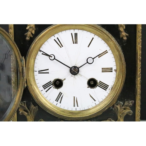 143 - Late 19th century ebonised mantel clock with scrolled ormolu mounts, the white enamel dial with blac... 