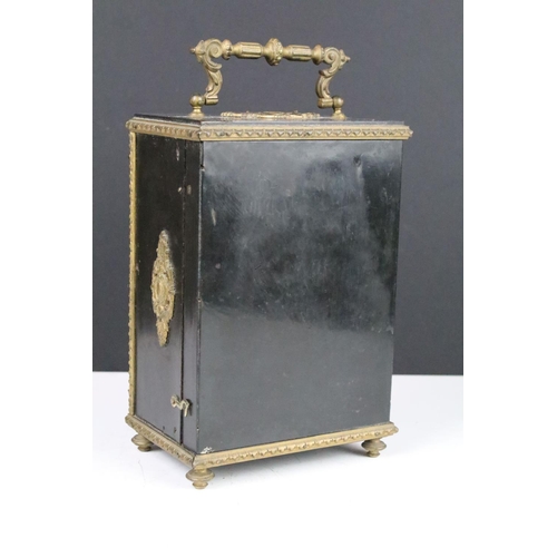 143 - Late 19th century ebonised mantel clock with scrolled ormolu mounts, the white enamel dial with blac... 