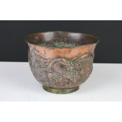 144 - Chinese bronze planter with relief dragon decoration, approx 10cm high