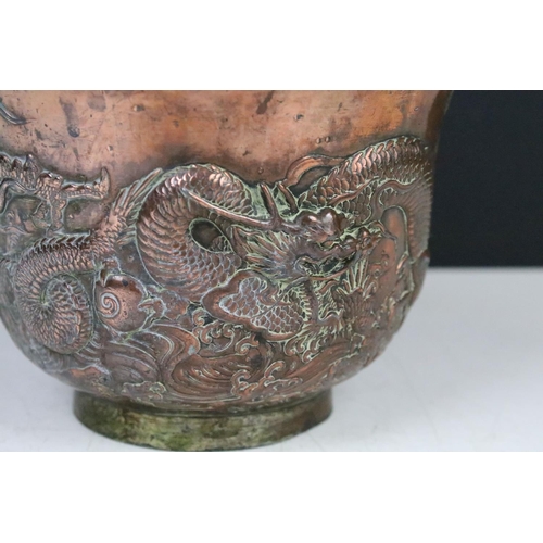 144 - Chinese bronze planter with relief dragon decoration, approx 10cm high