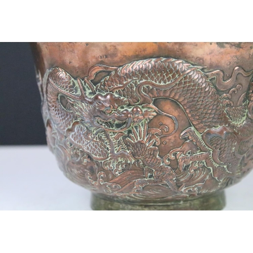 144 - Chinese bronze planter with relief dragon decoration, approx 10cm high