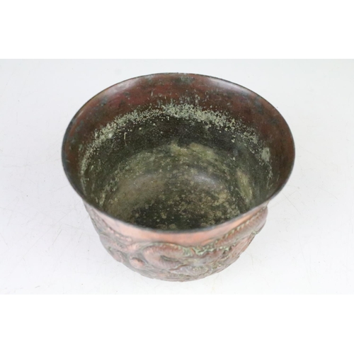 144 - Chinese bronze planter with relief dragon decoration, approx 10cm high