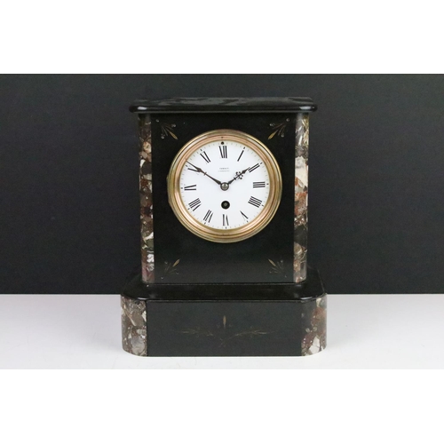 157 - Tanner of Cirencester - A Victorian slate & marble mantel clock with white enamel dial and Roman num... 