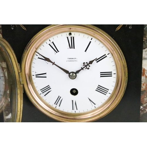 157 - Tanner of Cirencester - A Victorian slate & marble mantel clock with white enamel dial and Roman num... 