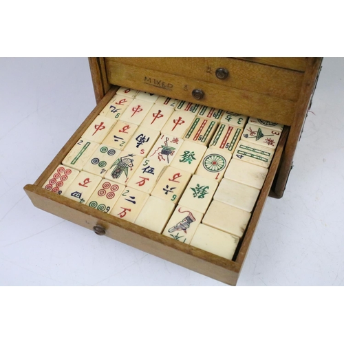 161 - Vintage Chinese MahJong set with bone & bamboo tiles and playing pieces, housed within a wooden case... 