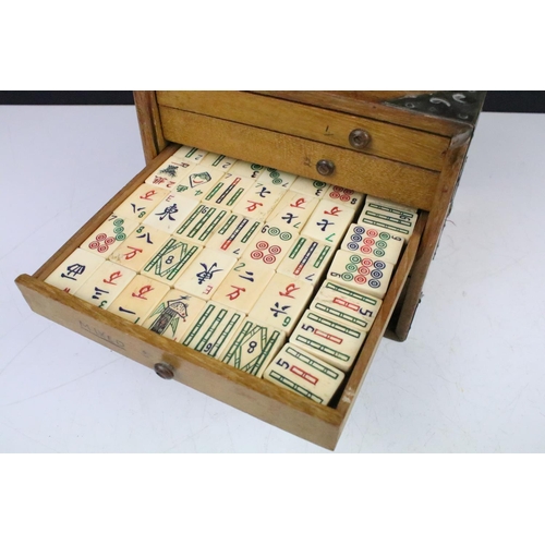 161 - Vintage Chinese MahJong set with bone & bamboo tiles and playing pieces, housed within a wooden case... 