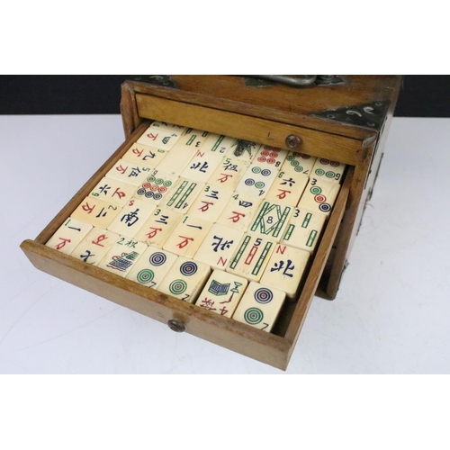 161 - Vintage Chinese MahJong set with bone & bamboo tiles and playing pieces, housed within a wooden case... 