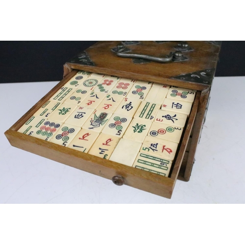 161 - Vintage Chinese MahJong set with bone & bamboo tiles and playing pieces, housed within a wooden case... 