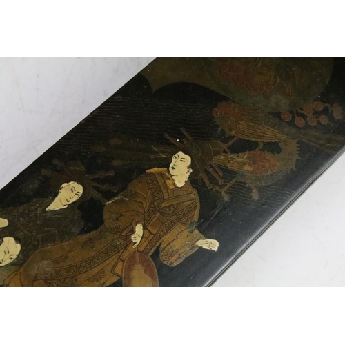 163 - Japanese black lacquered jewellery box decorated with a mountain scene, opening to various internal ... 