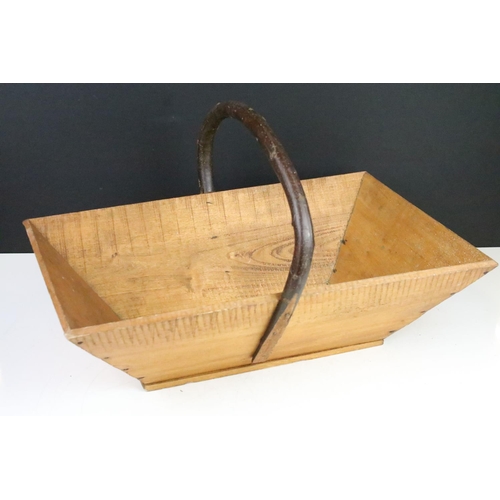 171 - Rustic wooden garden trug with bentwood blackthorn handle, 51cm long x 32cm high