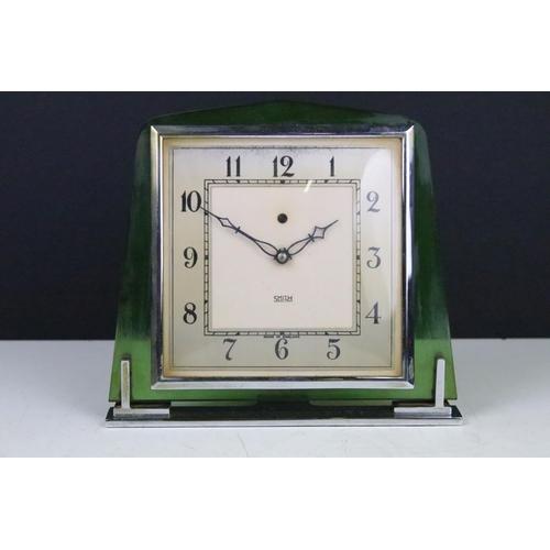 174 - Smith Electric Art Deco green glass & chrome clock, approx 17cm tall