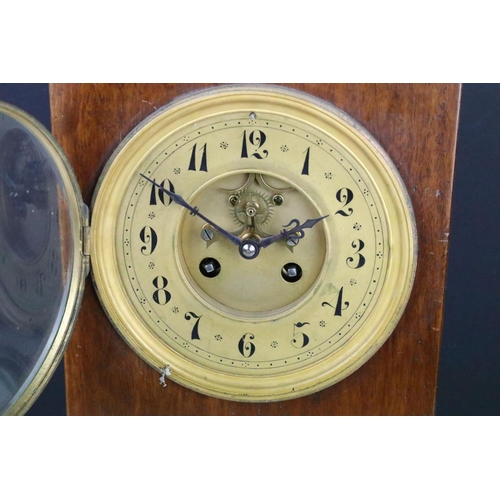 176 - Late 19th century mantel clock, the gilt skeleton type dial with Arabic numerals, barometer below, m... 