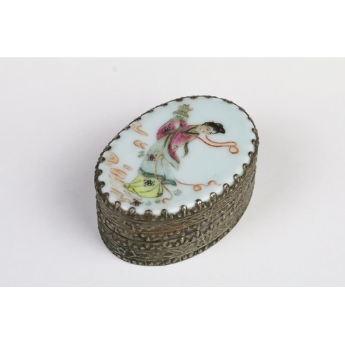 196 - Chinese White Metal Oval Trinket or Snuff Box with Famille Rose Porcelain Panel to lid decorated wit... 