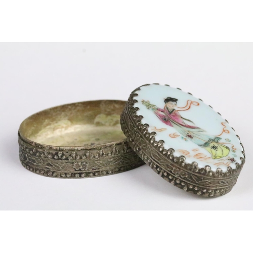 196 - Chinese White Metal Oval Trinket or Snuff Box with Famille Rose Porcelain Panel to lid decorated wit... 