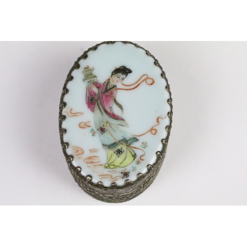 196 - Chinese White Metal Oval Trinket or Snuff Box with Famille Rose Porcelain Panel to lid decorated wit... 