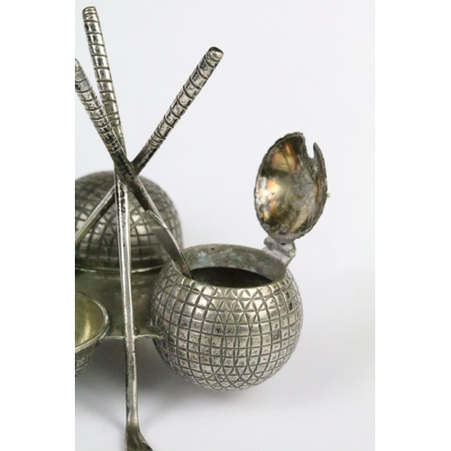 200 - Vintage silver plated novelty golfing related cruet having a mustard pot and pepper pots in the form... 