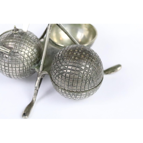 200 - Vintage silver plated novelty golfing related cruet having a mustard pot and pepper pots in the form... 