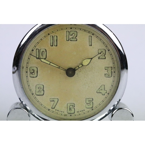 208 - Art Deco chrome bedside clock, 8.5cm long