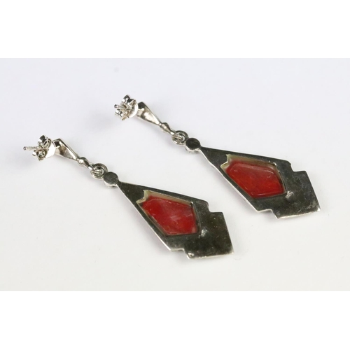 211 - Pair of silver marcasite and red jasper art deco style earrings