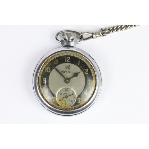 216 - Mid Century Ingersoll Triumph open faced pocket watch with silver albert pocket watch chain and fob ... 