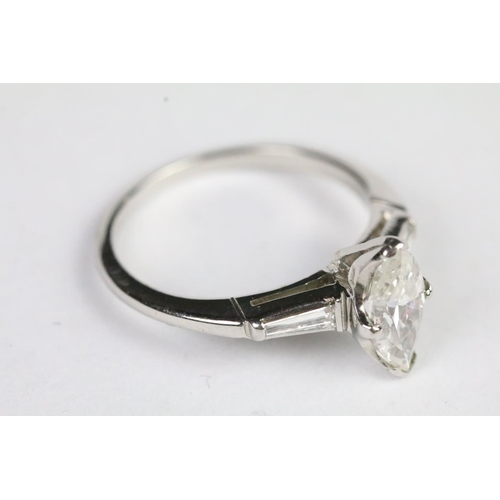 224 - Platinum mounted diamond marquise diamond ring. Fracture filled.