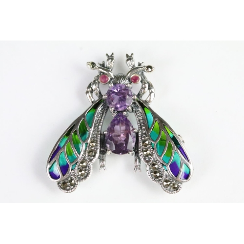 227 - Silver plique a jour owl brooch/pendant set with a large amethyst cabachon