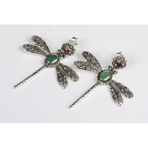 229 - Pair of silver dragon fly earrings set with emerald cabachons