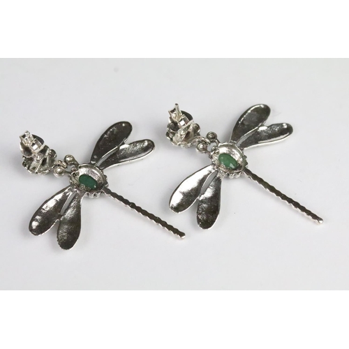 229 - Pair of silver dragon fly earrings set with emerald cabachons