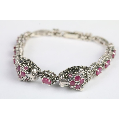 249 - Silver marcasite and ruby double leopard headed bracelet