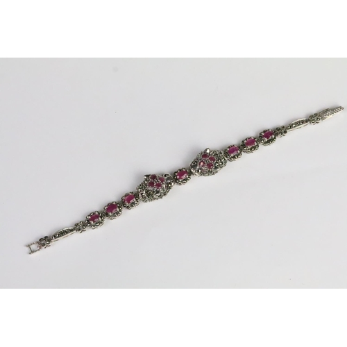 249 - Silver marcasite and ruby double leopard headed bracelet