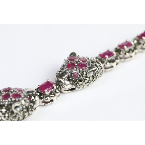 249 - Silver marcasite and ruby double leopard headed bracelet