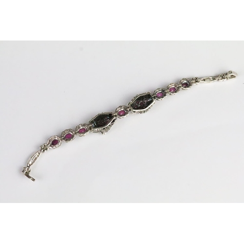 249 - Silver marcasite and ruby double leopard headed bracelet