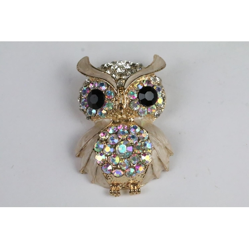 285 - Four Large Costume Jewellery Brooches including two enamel and crystal in the form of Owls, another ... 