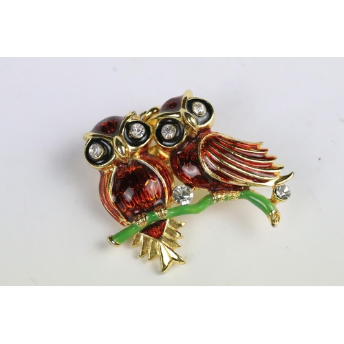 285 - Four Large Costume Jewellery Brooches including two enamel and crystal in the form of Owls, another ... 