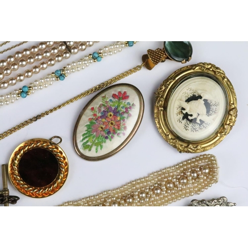 299 - Collection of vintage costume jewellery to include Victorian mourning brooch with carved bone scene ... 