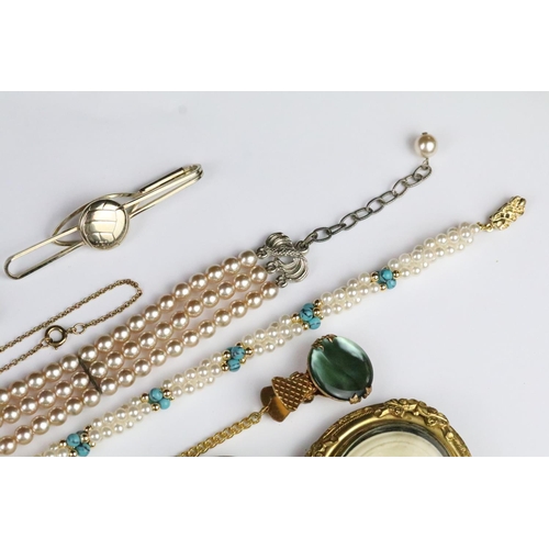 299 - Collection of vintage costume jewellery to include Victorian mourning brooch with carved bone scene ... 