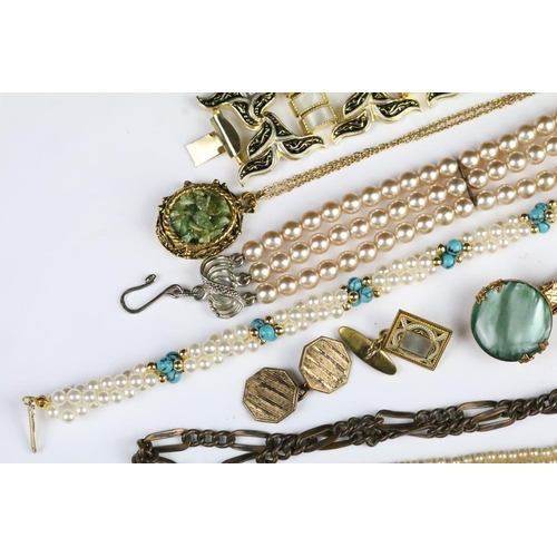 299 - Collection of vintage costume jewellery to include Victorian mourning brooch with carved bone scene ... 