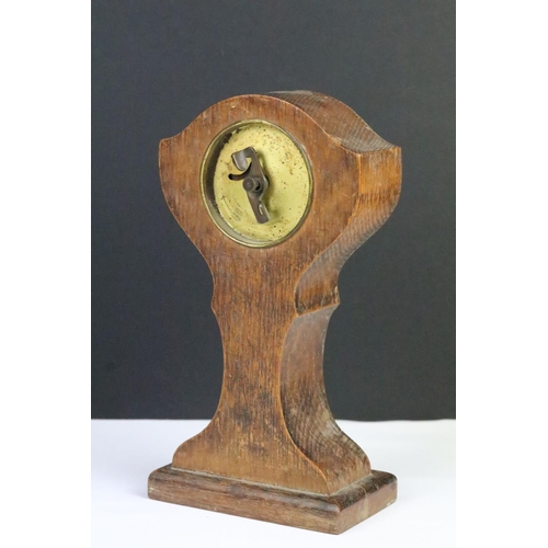 303 - Early 20th Century oak mantle clock having a hammered Art Nouveau silver front and oak body. Hallmar... 