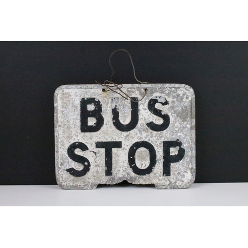 104 - Cast metal double sided hanging bus stop sign (approx 30cm W x 23cm H)