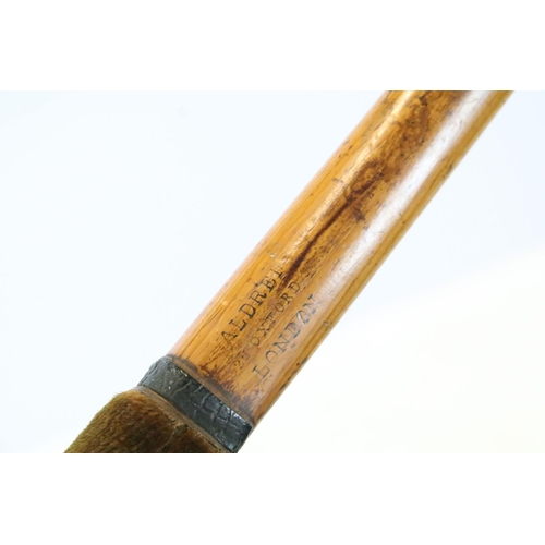 130 - Aldred of London yew wood longbow with horn nock to one end and grip, no string attached, stamped wi... 