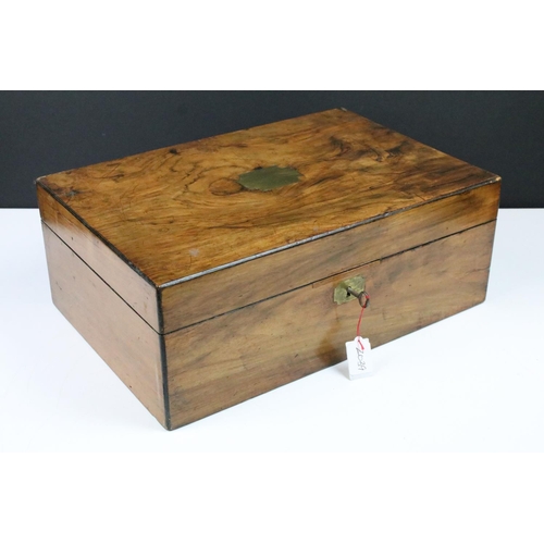 175 - 19th century work box with brass vacant cartouche to lid, opening to a twin compartment interior, wi... 